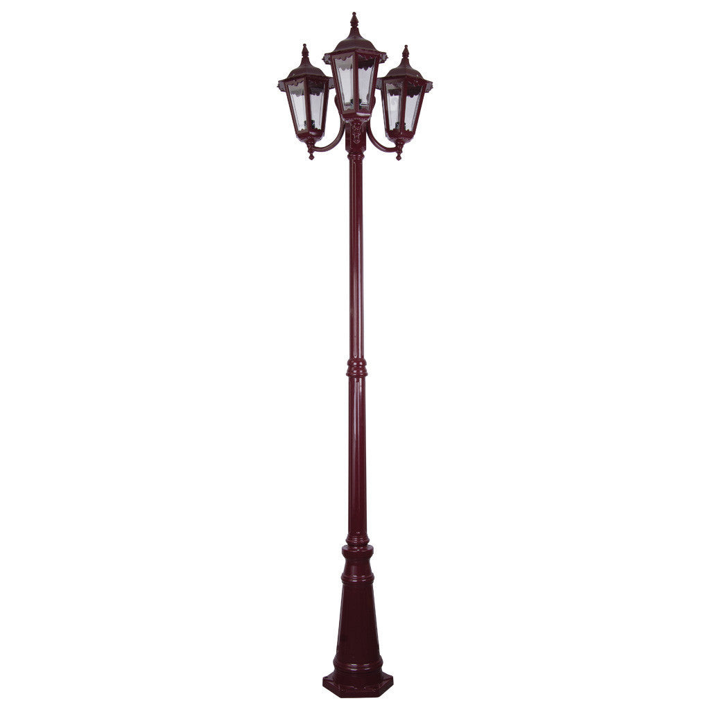 GT-1078 Chester Triple Head Curved Arm Tall Post Light - Powder Coated Finish / B22 - Burgundy