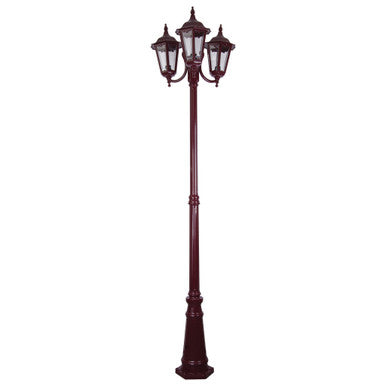 GT-1078 Chester Triple Head Curved Arm Tall Post Light - Powder Coated Finish / B22 - Burgundy