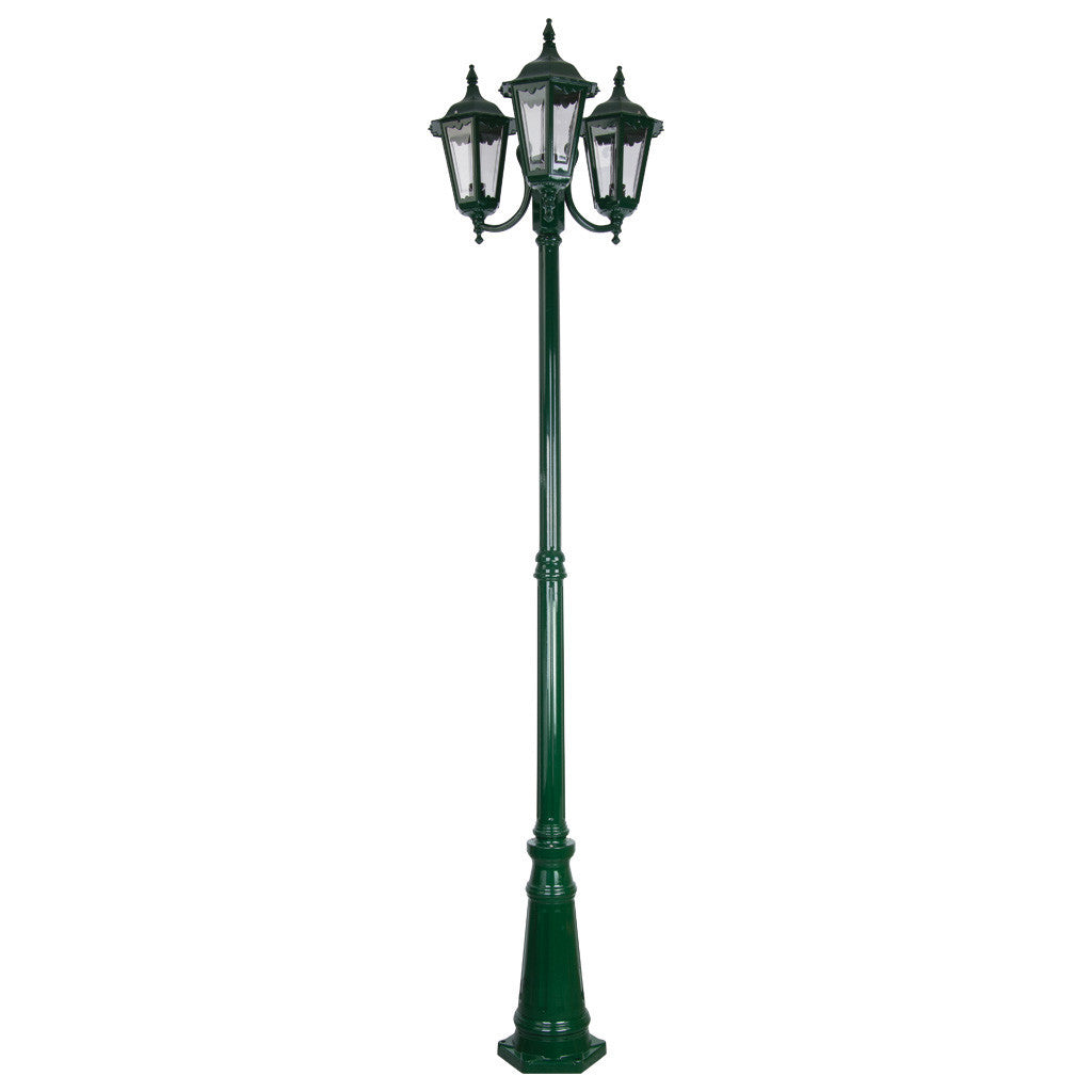 GT-1078 Chester Triple Head Curved Arm Tall Post Light - Powder Coated Finish / B22 - Green