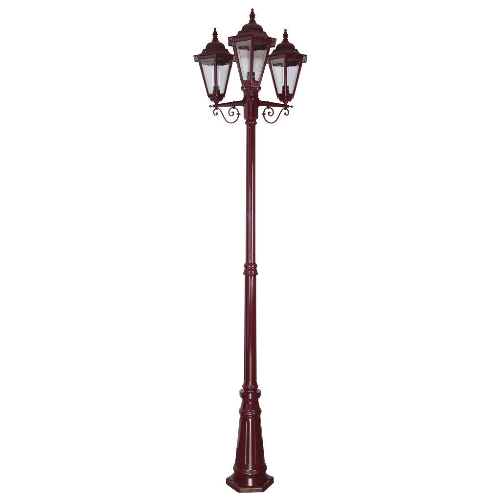GT-432 Turin Triple Head Tall Post Light - Powder Coated Finish / B22 - Burgundy